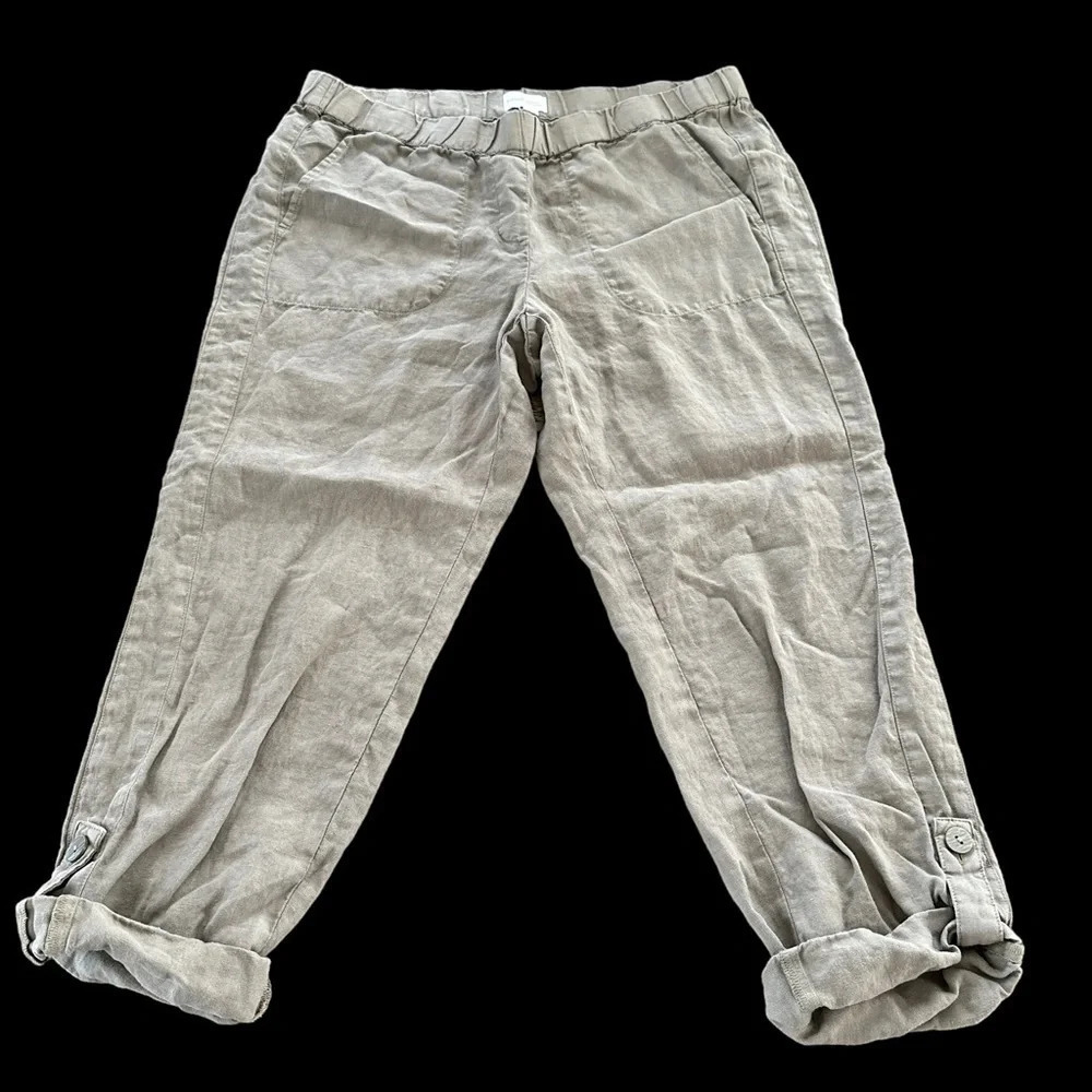 J Jill Purejill‎ Petite Medium Green Garment Dyed Linen Pull On Pants Roll Up PM